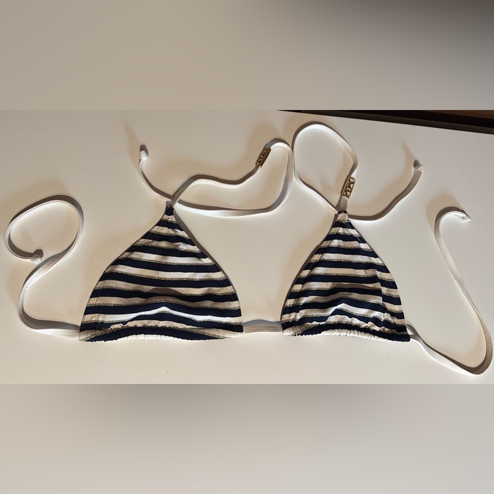 LeTarte triangle string bikini top size large white/navy with gold accents 👙